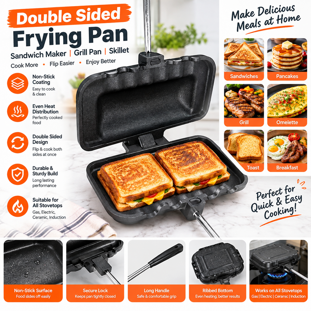 Double-Sided Non-Stick Sandwich Pan – Flip Grill Skillet for Pancakes &amp; Breakfast