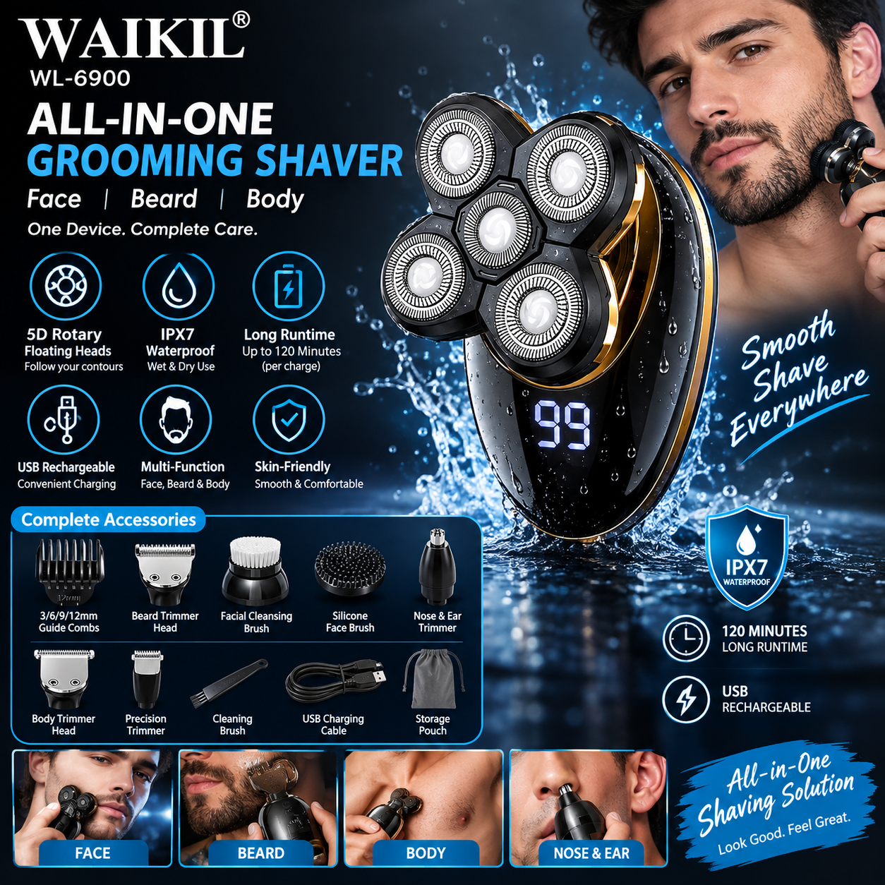 Rechargeable Shaver – Waterproof Rotary Face, Body & Beard Electric Razor
